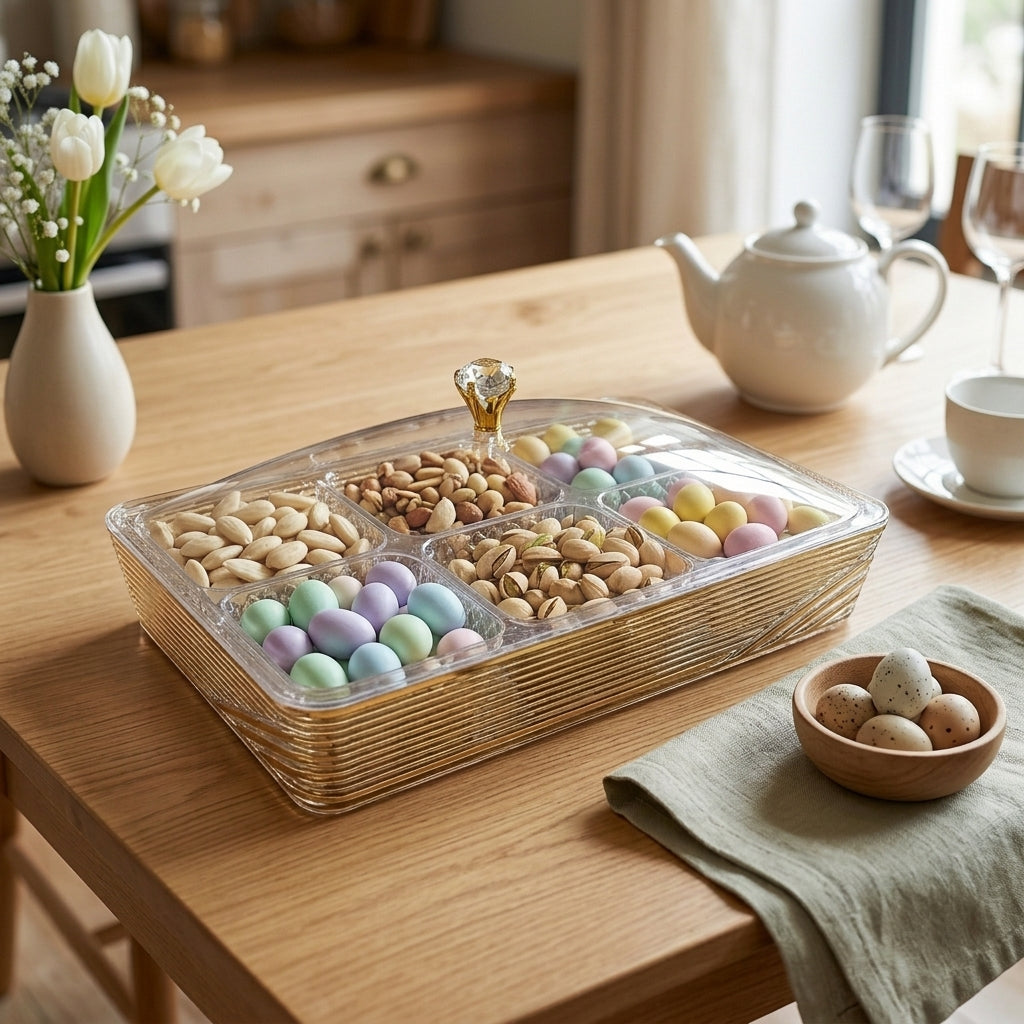 6-Grid Crystal Serving Tray (8-2) – Divided Snack Organizer with Gold Rim & Crown Knob Lid