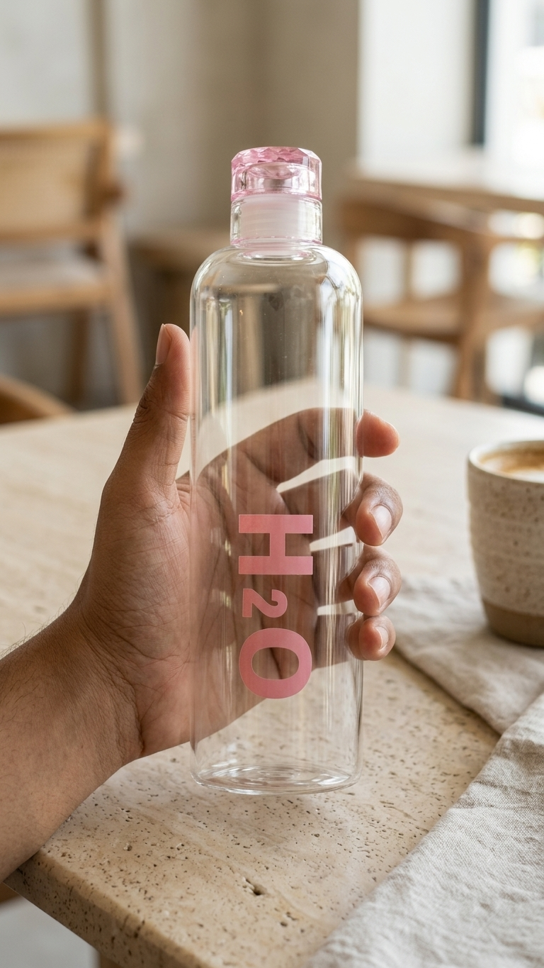 Glass H2O Water Bottle (8-9) – Clear Beverage Bottle with Pink Airtight Cap