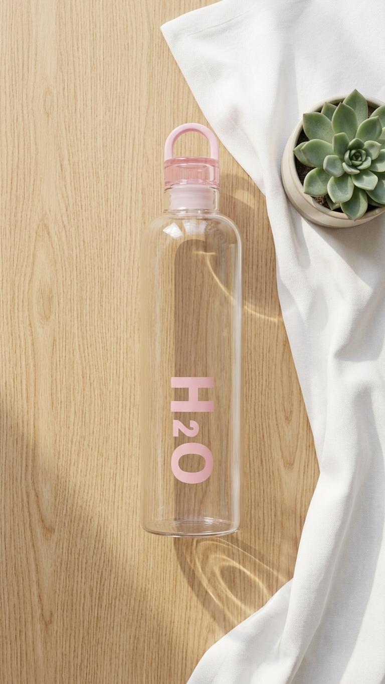 Glass H2O Water Bottle (8-9) – Clear Beverage Bottle with Pink Airtight Cap