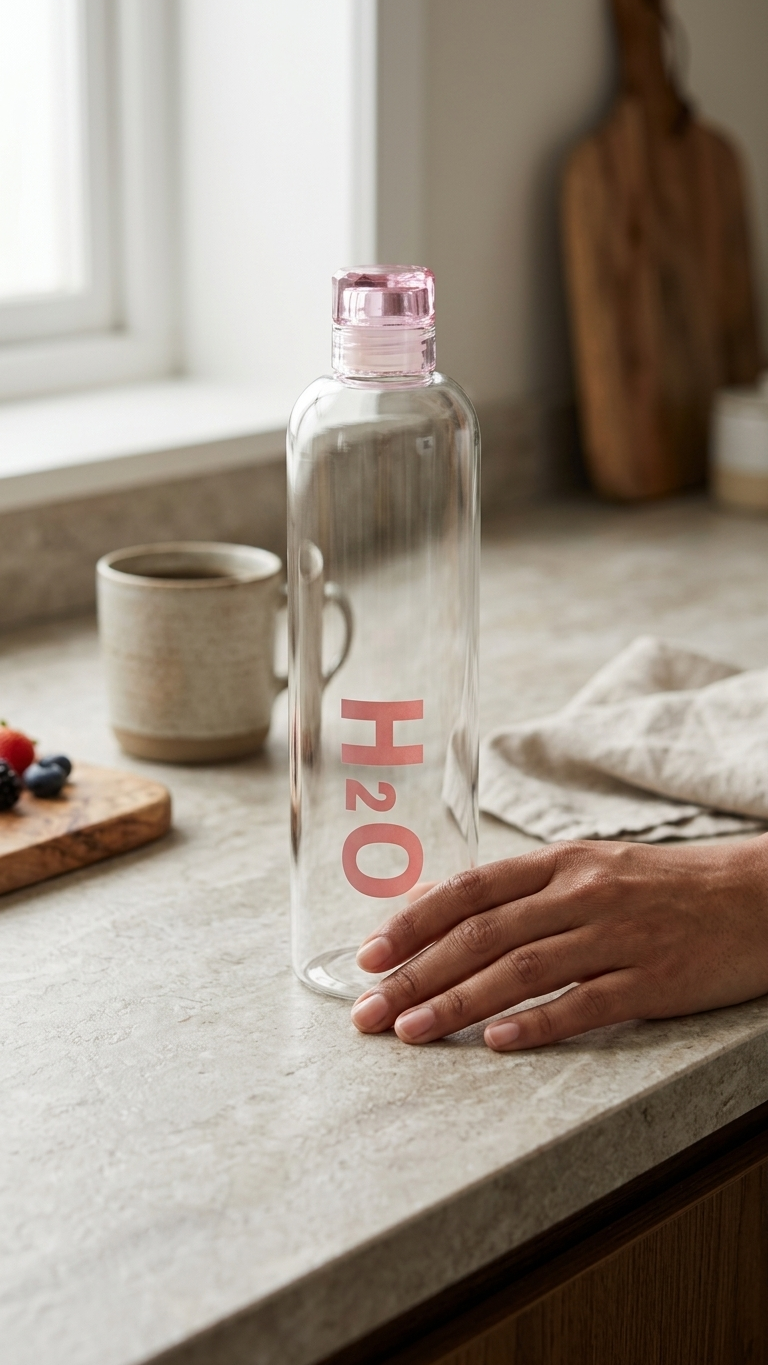 Glass H2O Water Bottle (8-9) – Clear Beverage Bottle with Pink Airtight Cap
