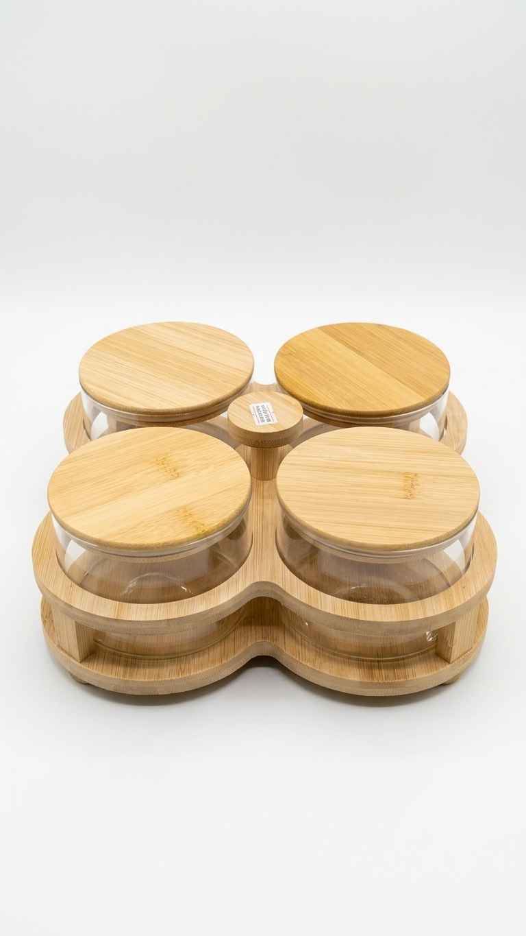 Glass Snack Bowl Set (8-11) – 4-Grid Divided Serving Tray with Bamboo Stand & Lids