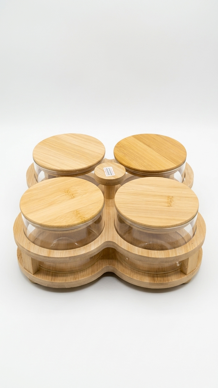 Glass Snack Bowl Set (8-11) – 4-Grid Divided Serving Tray with Bamboo Stand & Lids