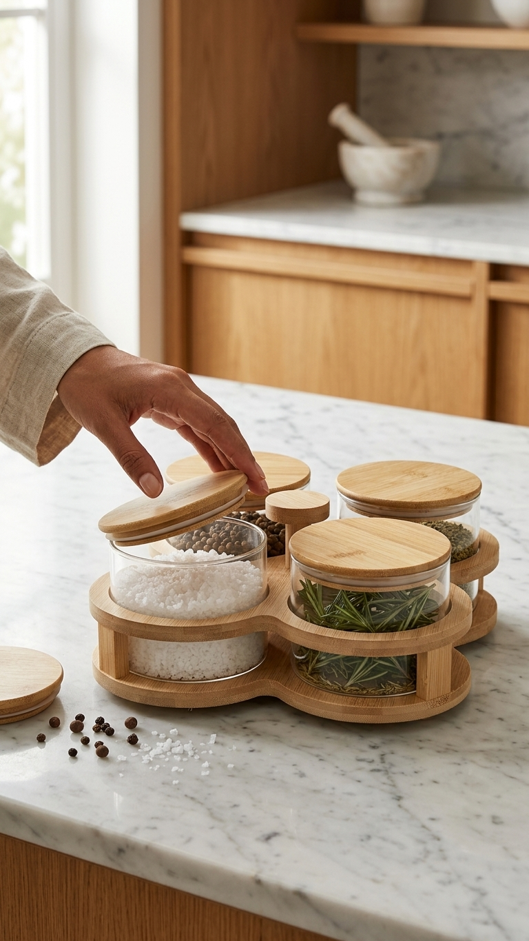Glass Snack Bowl Set (8-11) – 4-Grid Divided Serving Tray with Bamboo Stand & Lids