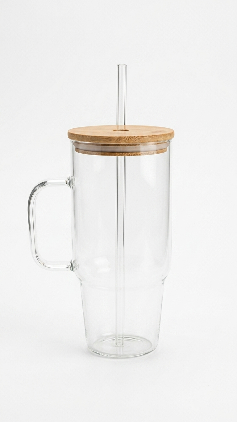 Glass Tumbler Mug (8-10) – Travel Mug with Bamboo Lid & Glass Straw