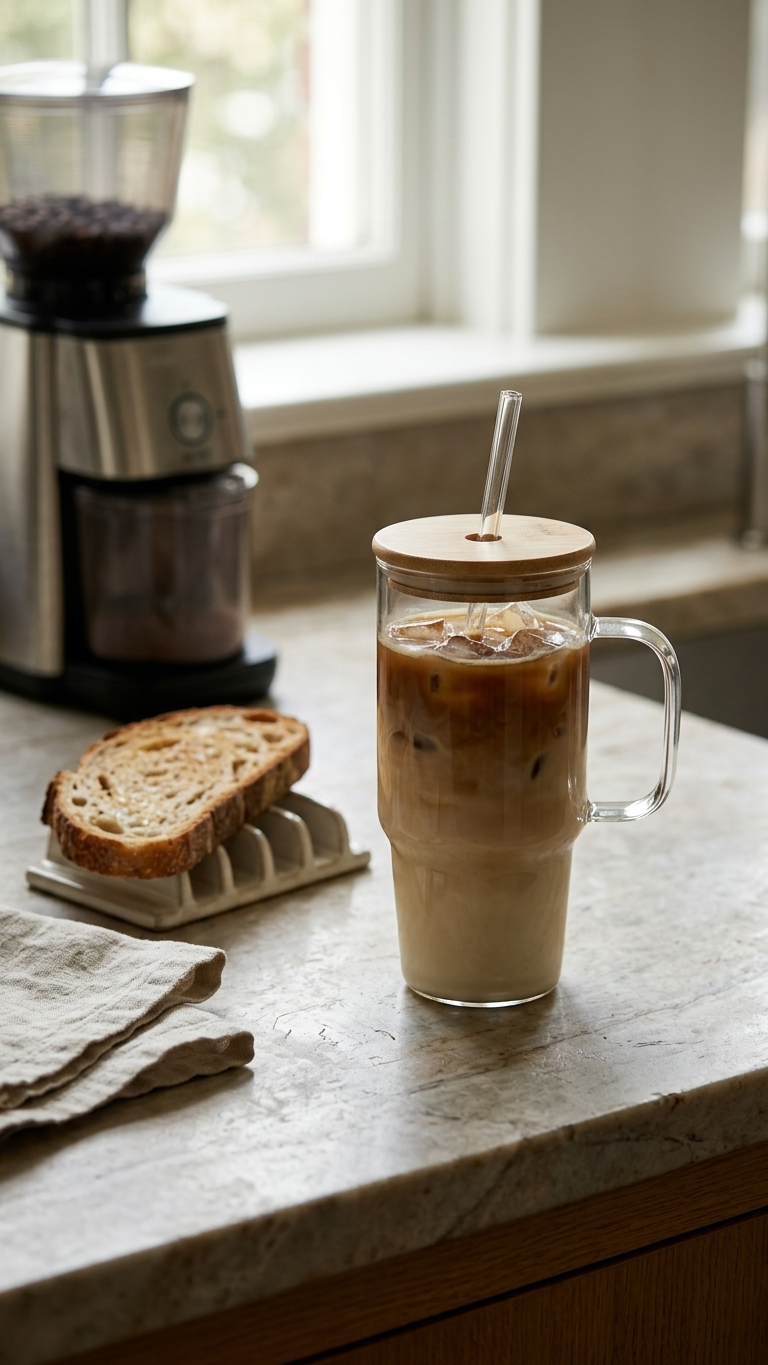 Glass Tumbler Mug (8-10) – Travel Mug with Bamboo Lid & Glass Straw