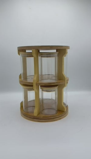 Rotating Bamboo Spice Tower – 6 Jar Round Glass Carousel Rack