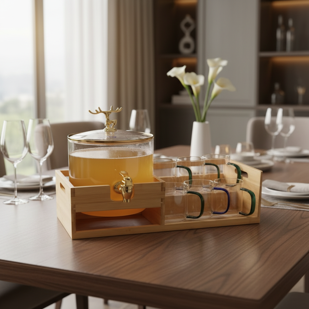 Echou GoldenDeer Glass Dispenser Set with Wooden Stand & 6 Glasses