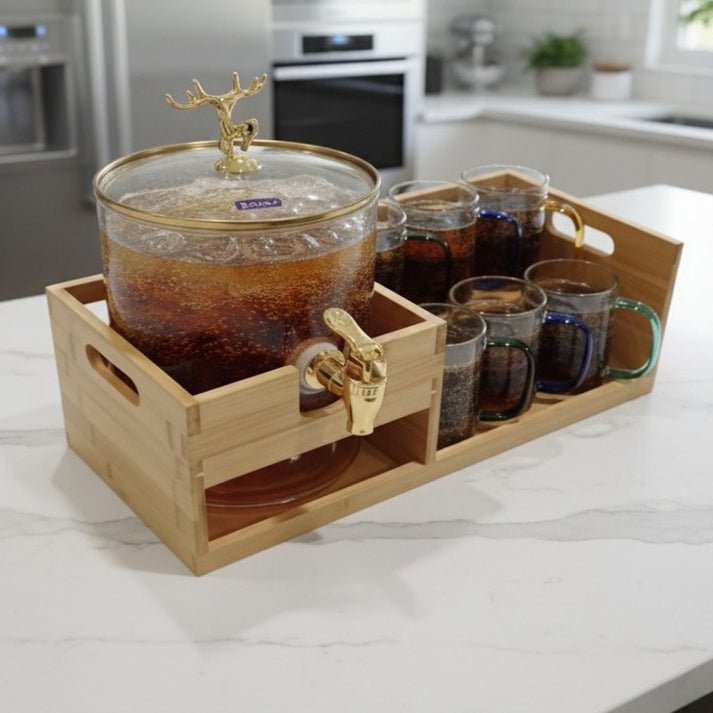 Echou GoldenDeer Glass Dispenser Set with Wooden Stand & 6 Glasses