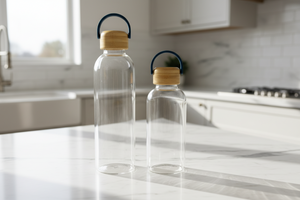 Glass Water Bottle with Wooden Cap – 500ML 750ML 1 Litre Leakproof Drinking Bottle