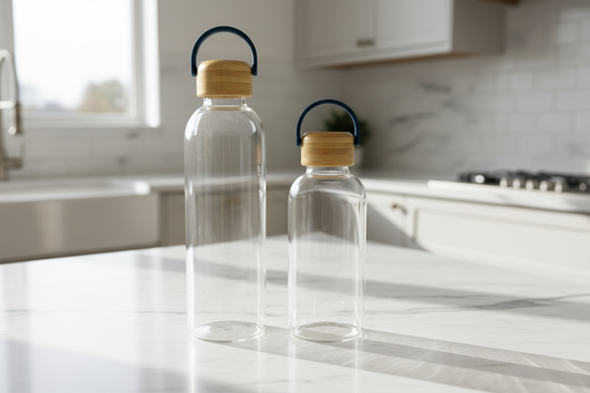 Glass Water Bottle with Wooden Cap – 500ML, 750ML & 1 Litre Leakproof Drinking Bottle