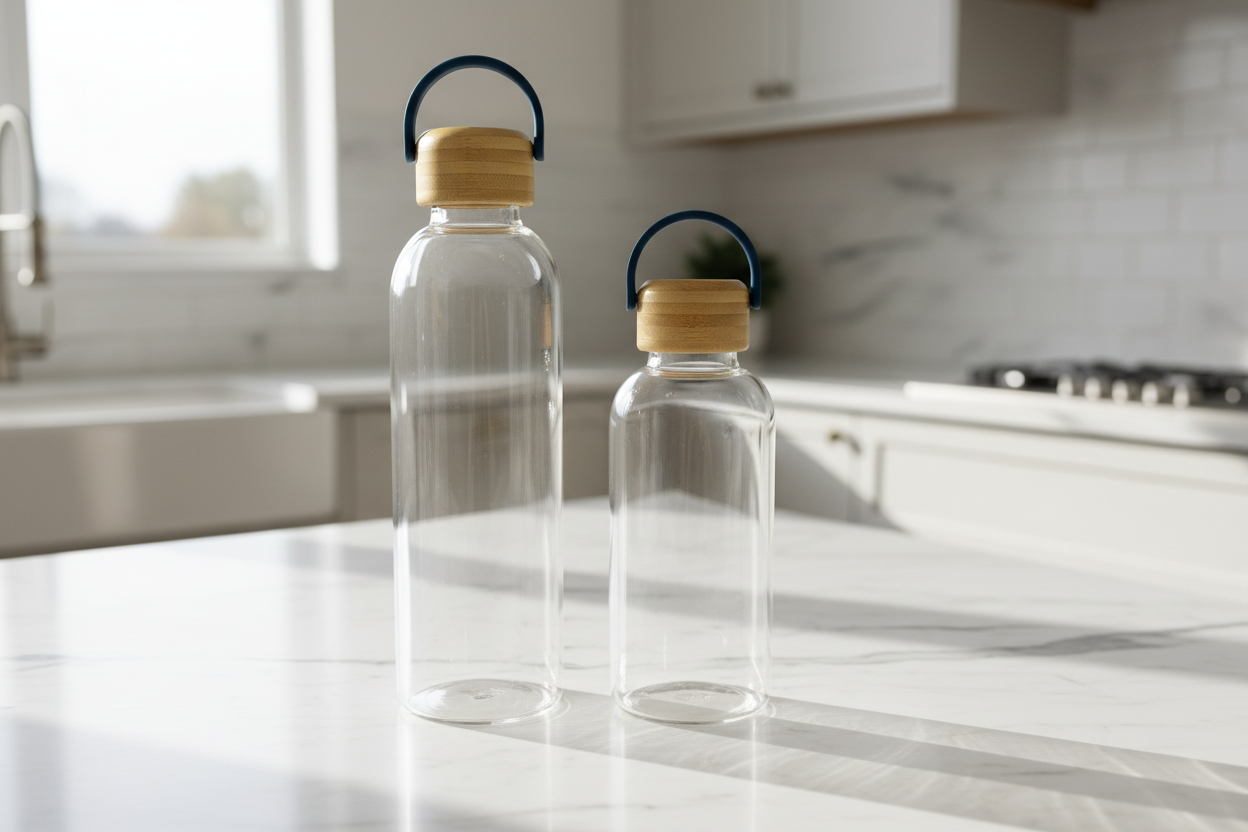Glass Water Bottle with Wooden Cap – 500ML 750ML 1 Litre Leakproof Drinking Bottle