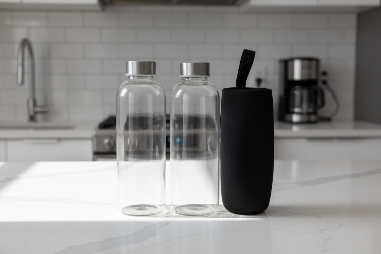 Glass Water Bottle with Protective Cover – 500ML, 750ML & 1 Litre Leakproof Drinking Bottle