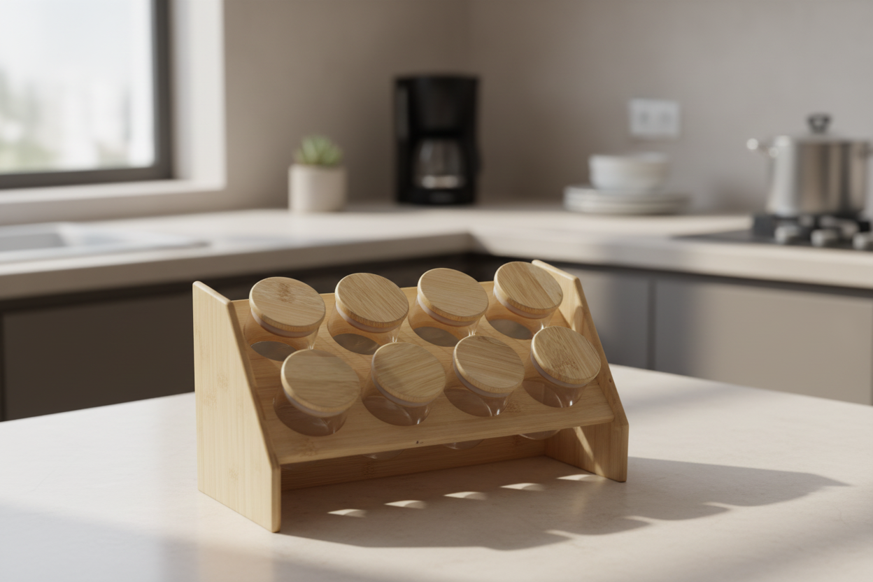 Spice Rack Set with 8 Jars – Compact Kitchen Masala Organizer Stand