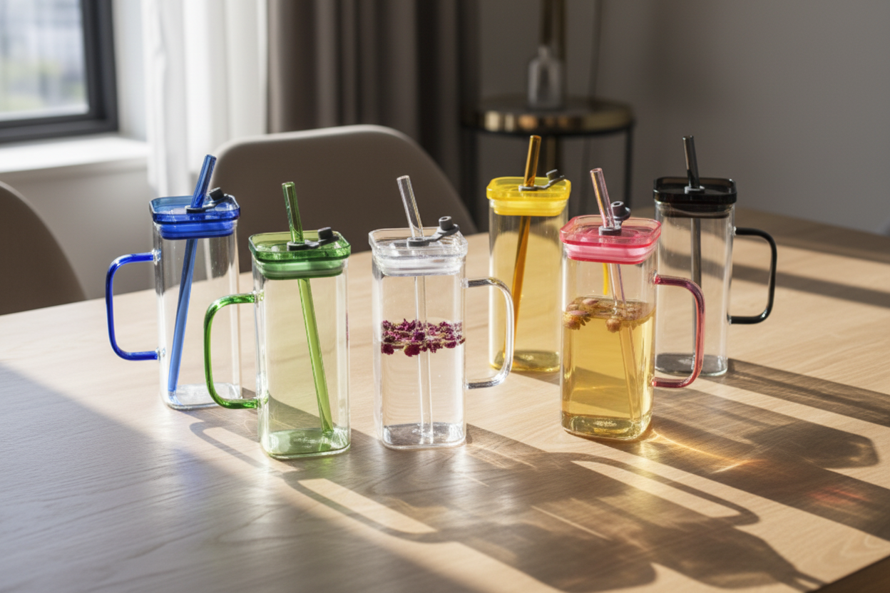Glass Sipper with Plastic Lid – Reusable Drinking Glass with Straw