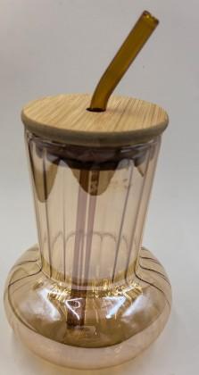 450ML Amber Glass Sipper – Stylish Drinking Cup with Lid & Straw