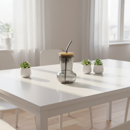 450ML Amber Glass Sipper – Stylish Drinking Cup with Lid & Straw