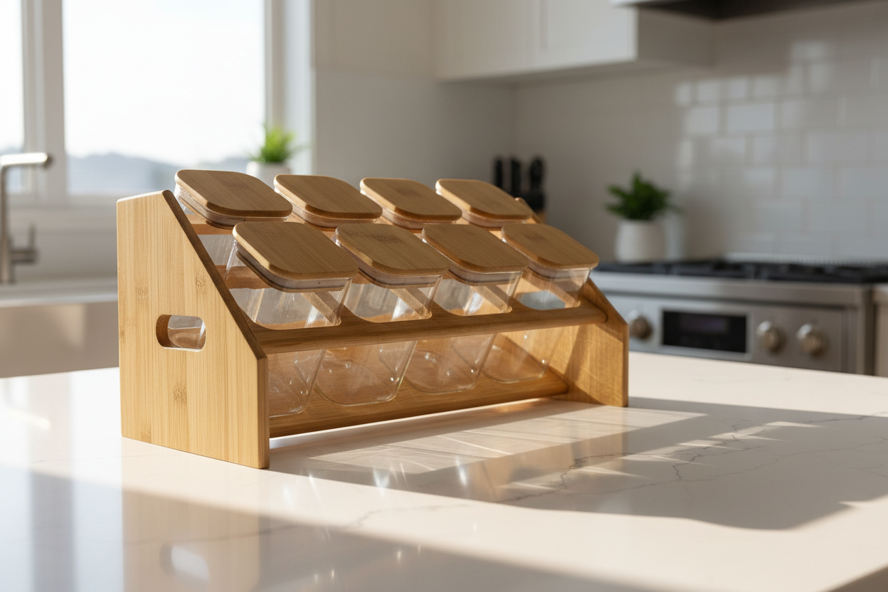 Square Spice Rack Set 8PCS – Modern Masala Jar Organizer with Storage Stand