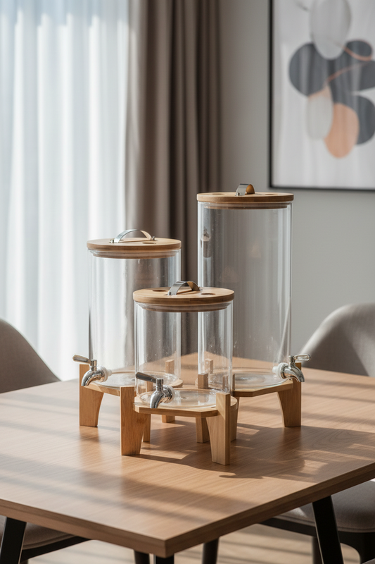 Glass Beverage Dispenser with Wooden Stand – Juice & Water Serving Dispenser with Tap