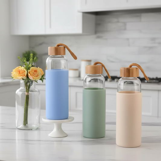 Glass Water Bottle with Silicone Protective Case – Leakproof Drinking Bottle for Home & Travel